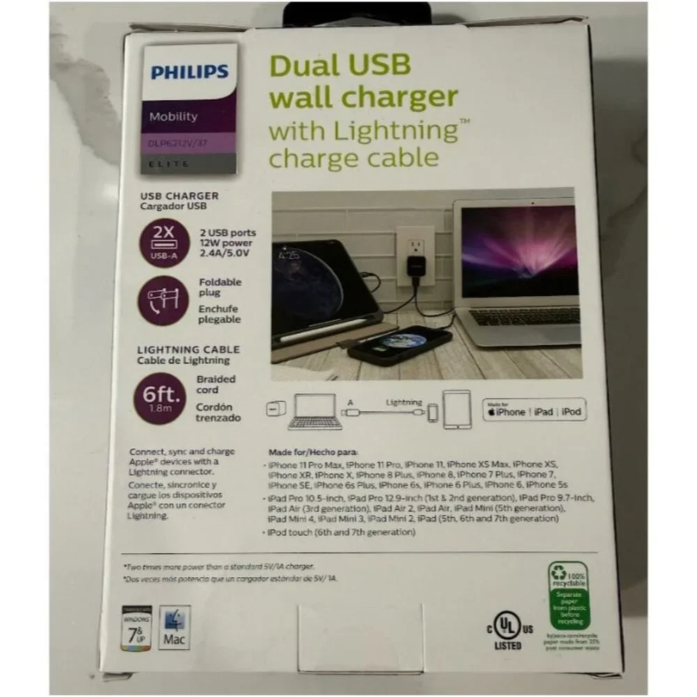 Philips Dual USM Wall Chager with USA-a/USB-C Charge Cable, Black